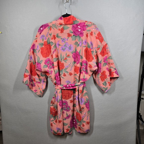 Victoria's Secret Coral Floral Satin Robe with Pink & Purple Blooms - Picture 2 of 5